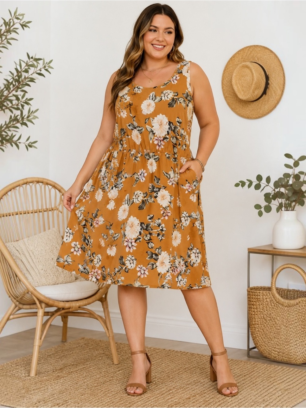 Grace Karin Floral Sleeveless Fit & Flare Midi Dress Mustard Gold Plus 2X